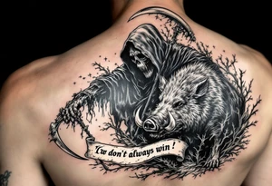 Grim reaper looking down on a hunting dog and big feral boar while holding a scythe and scroll. The scroll has the words “You dont always win” written on it tattoo idea