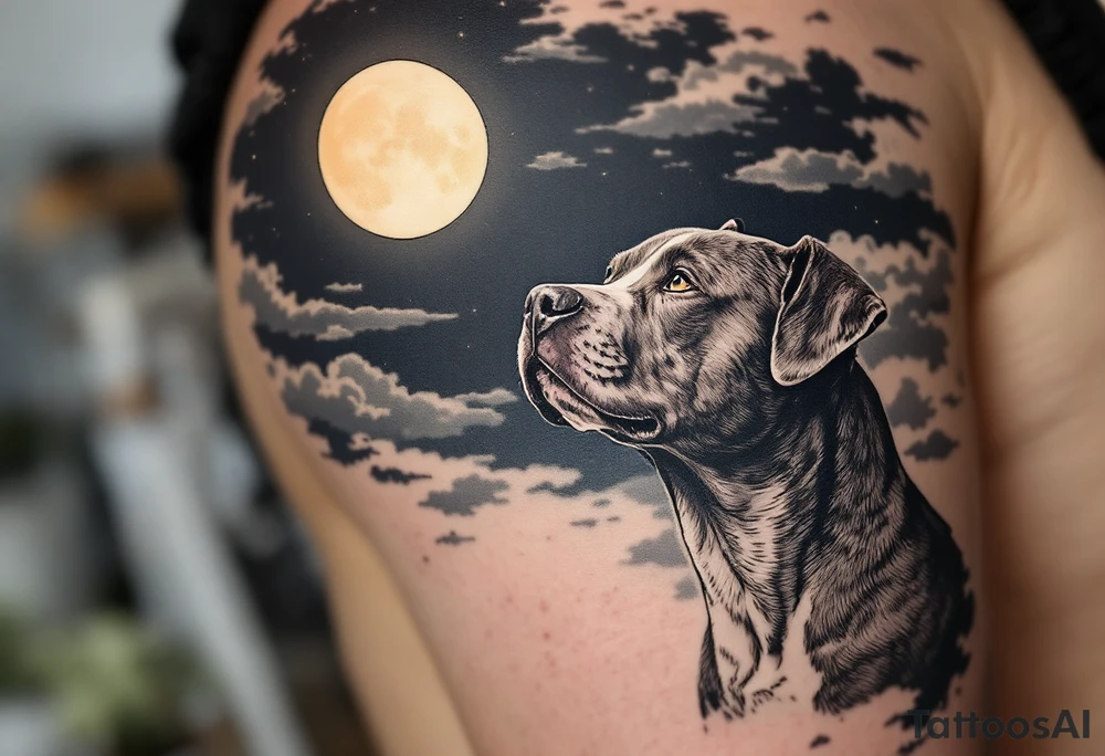 Pitbull looking up at the moon, blue-gray coat under a night sky scene, moon in pale yellow, clouds in navy and gray. tattoo idea
