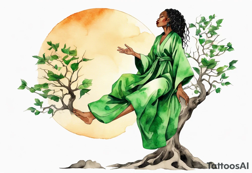 a beautiful black woman wearing a green robe with tree roots for feet, arms reaching up towards the sun tattoo idea