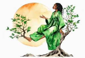 a beautiful black woman wearing a green robe with tree roots for feet, arms reaching up towards the sun tattoo idea