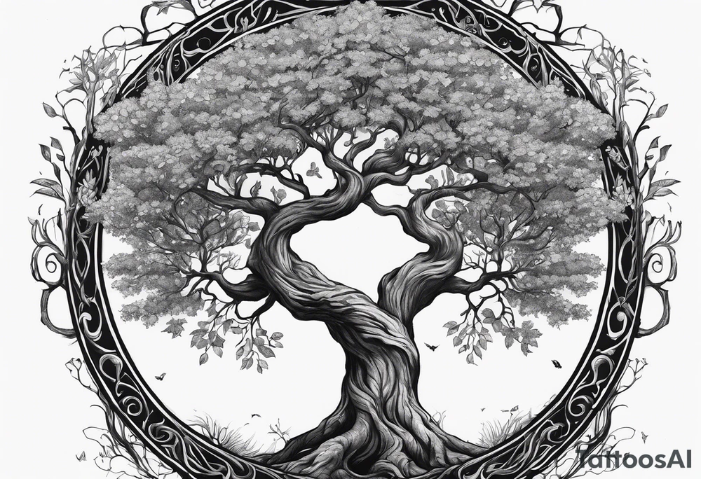 The deity Pan is entwined in a tree which is a portal tattoo idea
