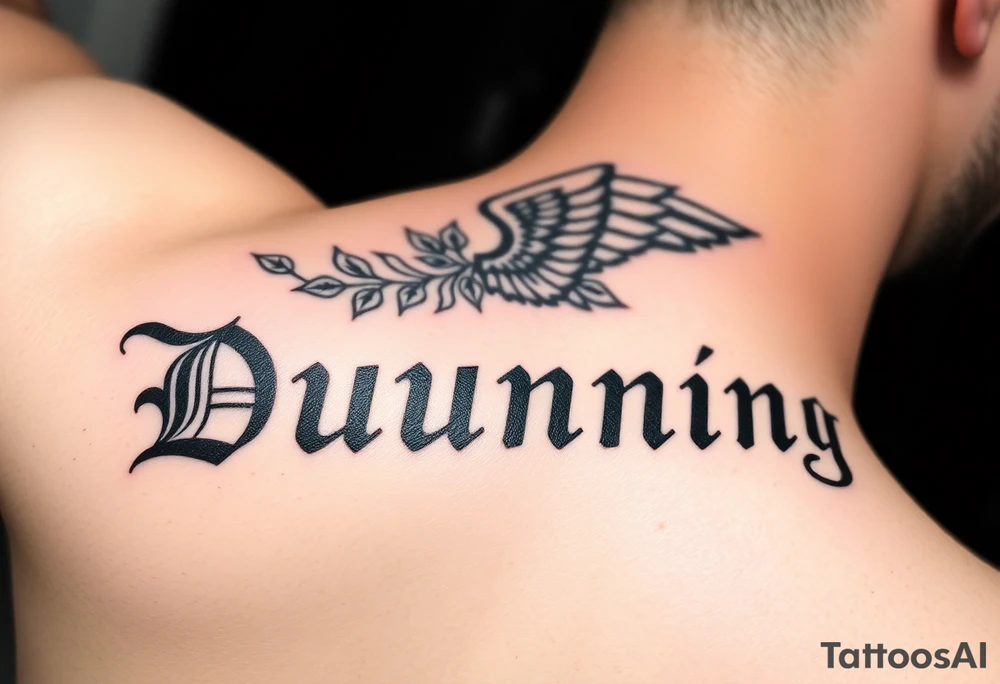 Last name Dunning, in Roman bold font in middle of forearm with background including leaves,angel wing going near elbow,tribal pattern. tattoo idea