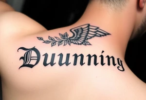 Last name Dunning, in Roman bold font in middle of forearm with background including leaves,angel wing going near elbow,tribal pattern. tattoo idea