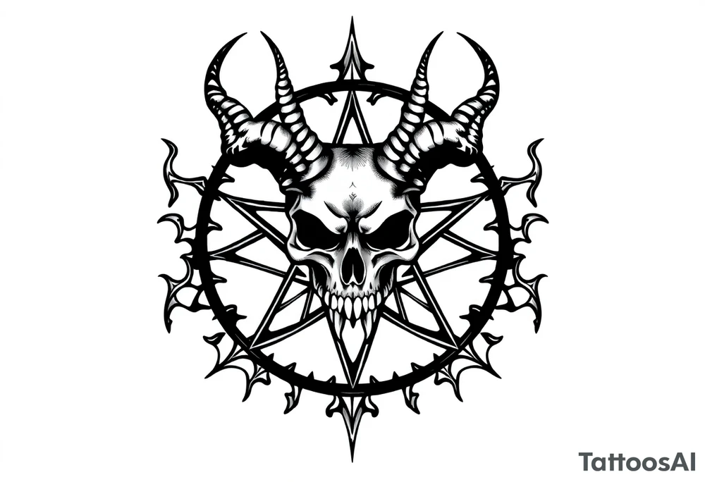 Baphomet skull over a pentagram surrounded by jagged flowing lines tattoo idea
