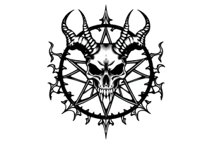 Baphomet skull over a pentagram surrounded by jagged flowing lines tattoo idea