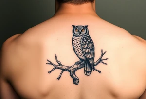 wise owl perched on ancient oak branch under starlit sky tattoo idea