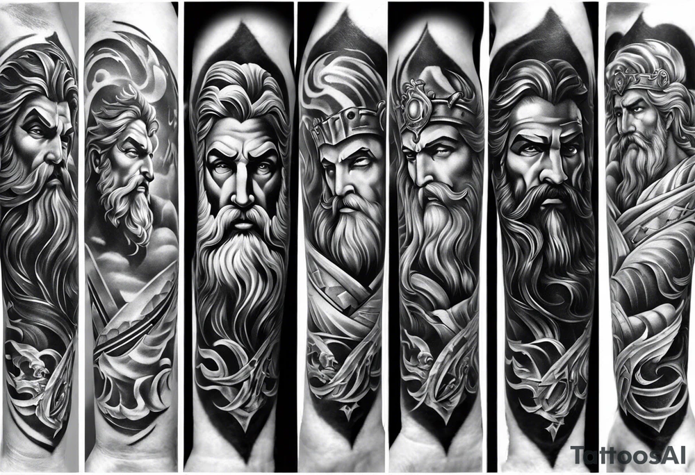 Full left arm tattoo sleeve with the Greek gods, Zeus, Poseidon and Hades. Zeus is at the left shoulder, Poseidon is at the left upper arm and Hades is at the left forearm. tattoo idea