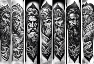 Full left arm tattoo sleeve with the Greek gods, Zeus, Poseidon and Hades. Zeus is at the left shoulder, Poseidon is at the left upper arm and Hades is at the left forearm. tattoo idea