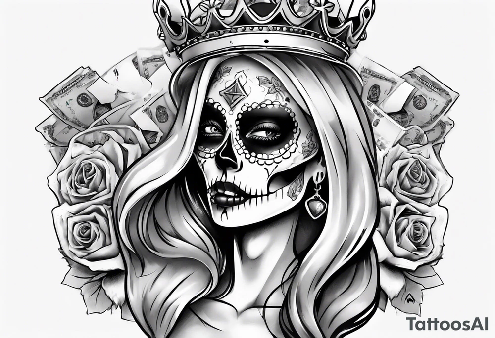 santa la muerta with money and crown
on the card tattoo idea