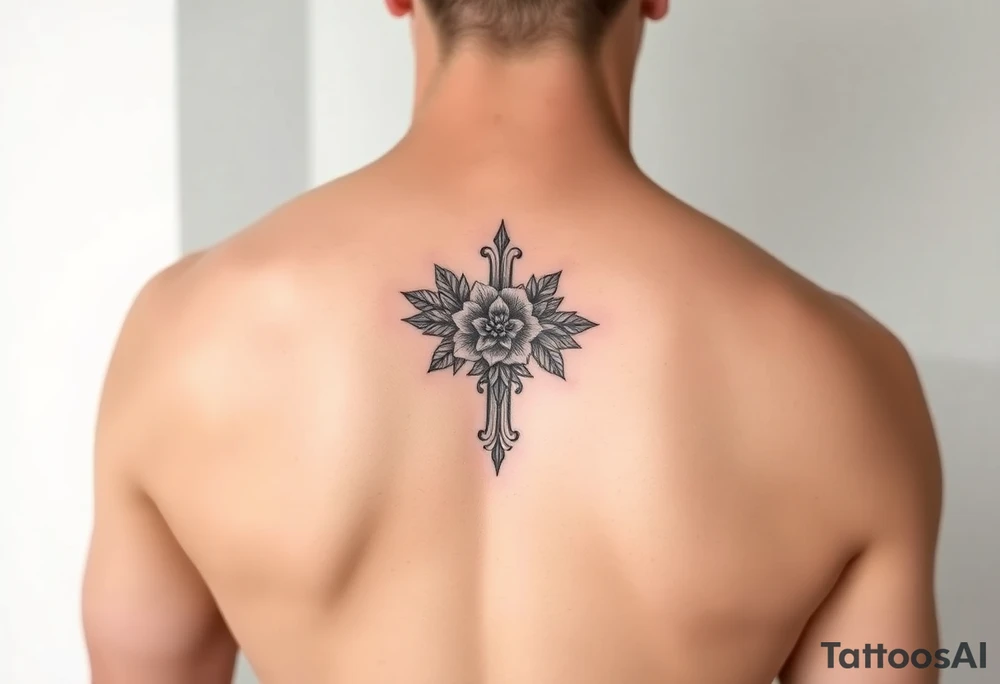 Small feminine Floral cross tattoo idea