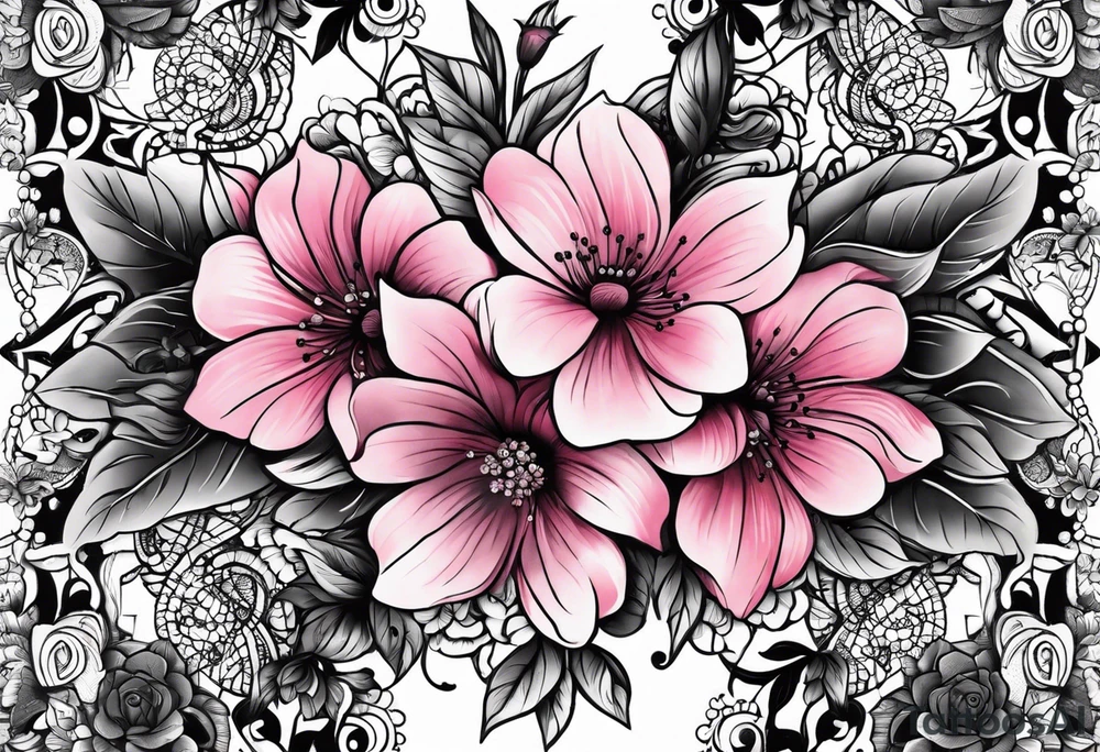 Floral leg piece with beading and lace tattoo idea. monochromatic pinks, old school flowers tattoo idea