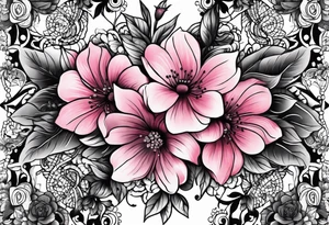 Floral leg piece with beading and lace tattoo idea. monochromatic pinks, old school flowers tattoo idea