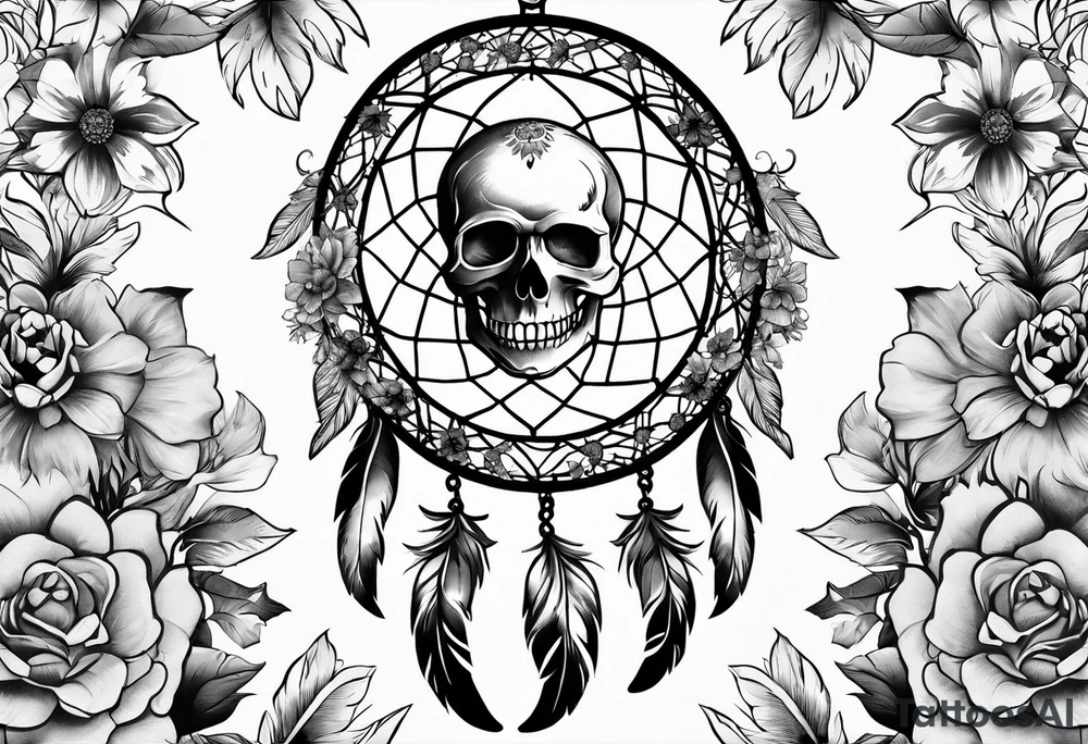 Dream catcher made of skulls with black flowers tattoo idea