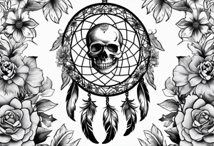 Dream catcher made of skulls with black flowers tattoo idea