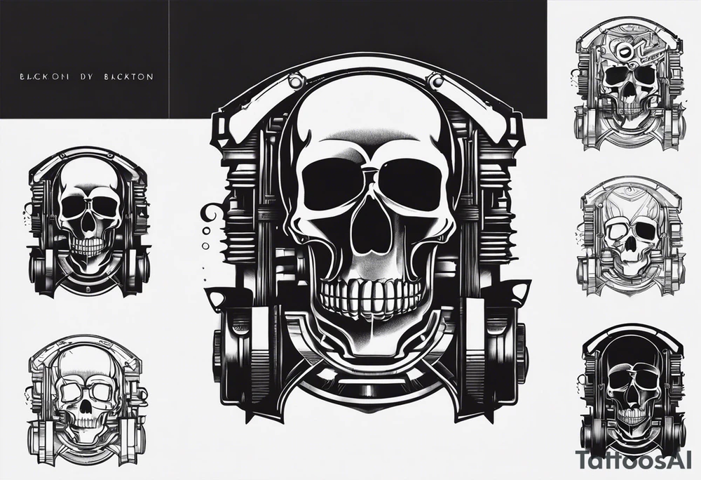 Powerful skull powered by an engine, in this appears a piston and a turbo, also the dseign must be vertical. Also, the desing must be minimalistic not saturated. Remember the vertical design as this will go in my calf tattoo idea