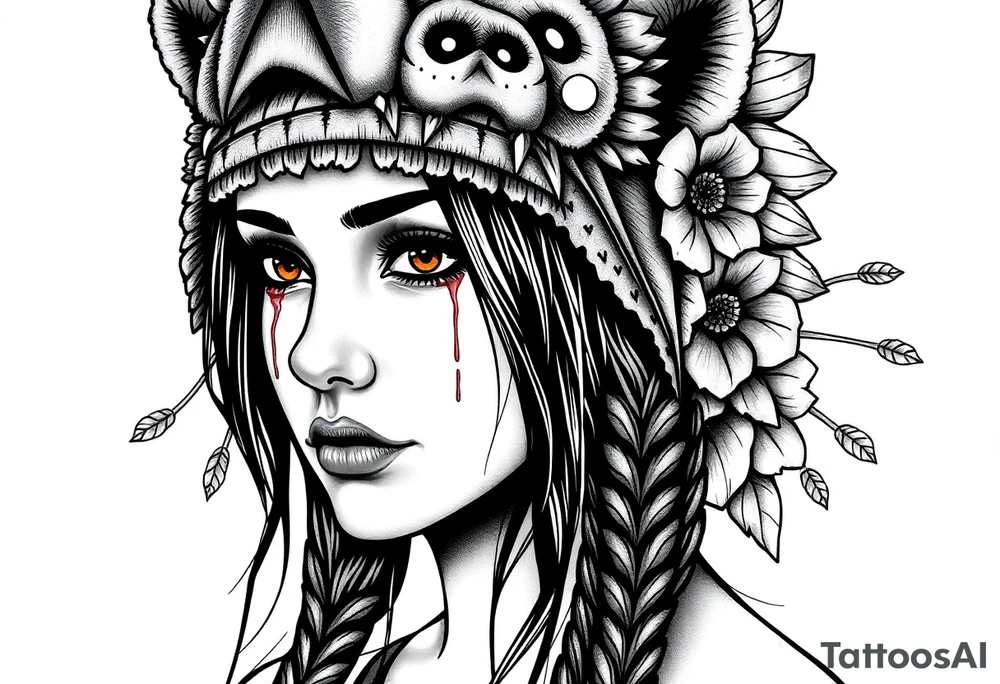 Young Symmetrical Beautiful Woman, looking forward, with colored eyes, shedding a tear, with battle scars and blood on face, with soft look, wearing a mean looking bear headdress on head, with dead flower background tattoo idea