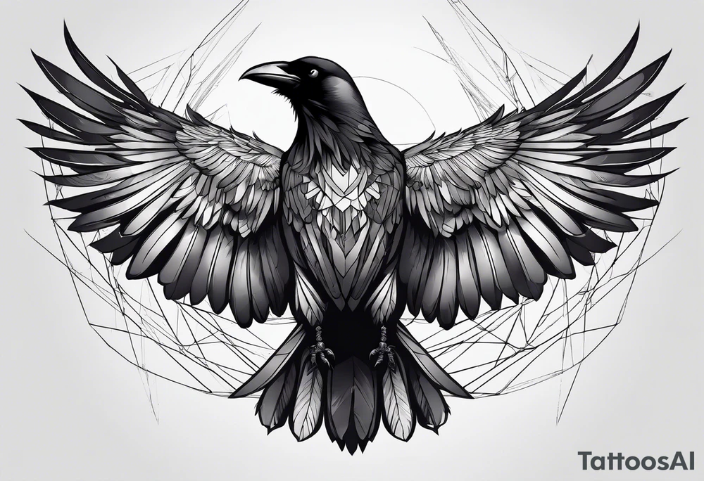 crow with open wings, line drawing, geometric, symmetrical, without background, tattoo idea