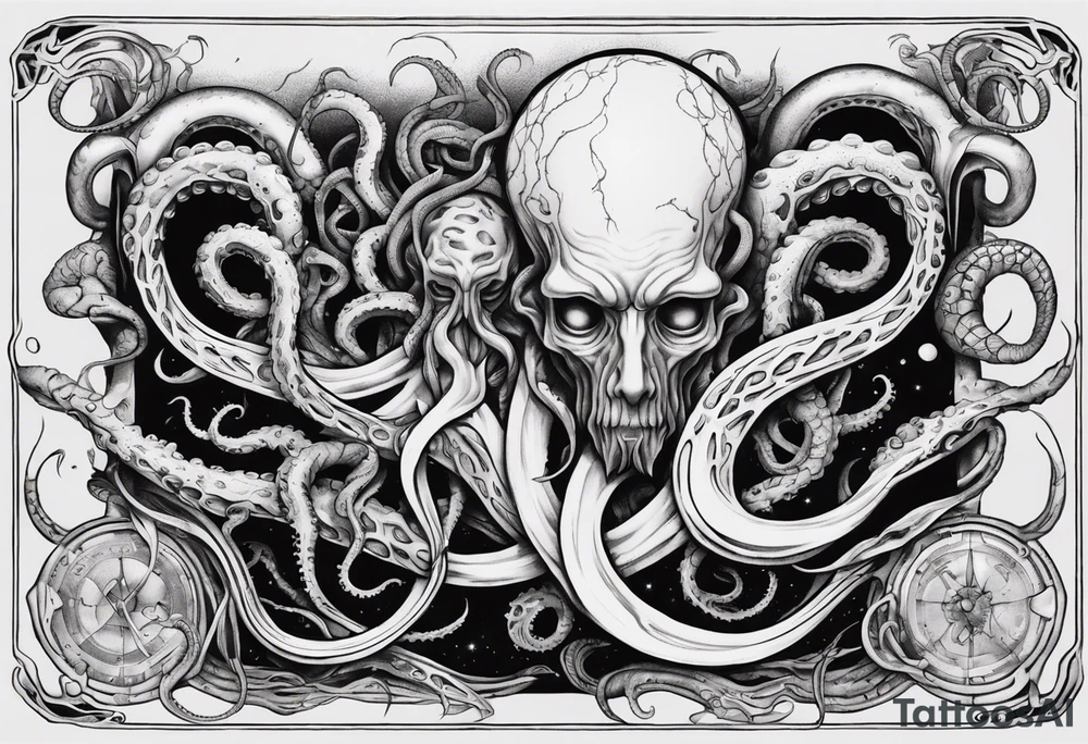 a tattoo on the theme of lovecraft, with tentacles that embrace the earth tattoo idea