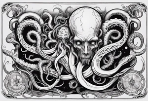 a tattoo on the theme of lovecraft, with tentacles that embrace the earth tattoo idea