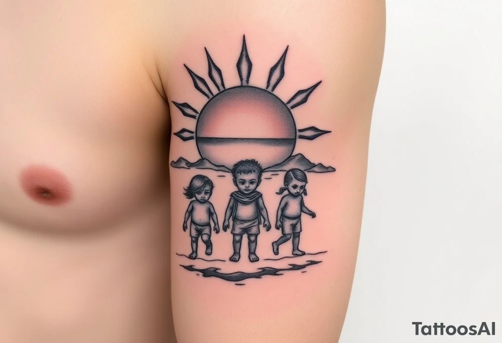 Sun set three walking child tattoo idea