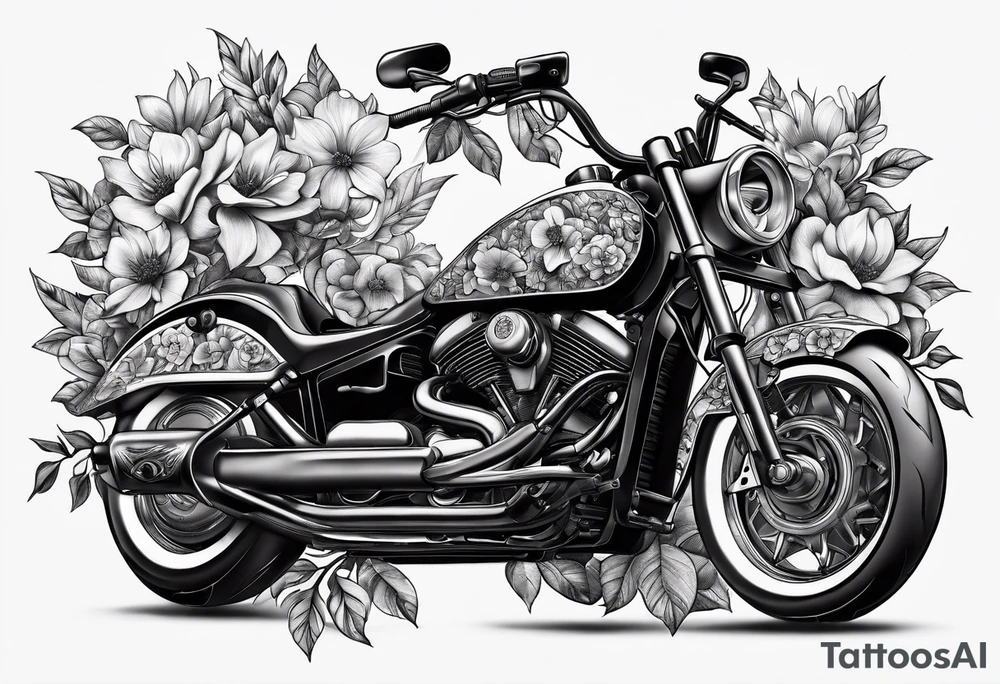 a drawing fo a floral motorcycle tattoo idea