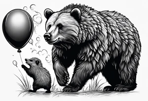 a big growling bear and a tiny hedgehog that stands hand has a balloon is his hands
 together. tattoo idea