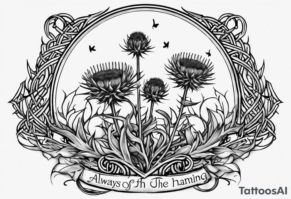 three thistles, Celtic knots, and the words "always remember there is nothing worth sharing like the love that let us share our names" tattoo idea