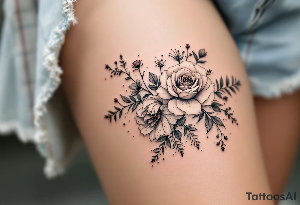 vintage bouquet of wild roses and meadow flowers with morning dew tattoo idea
