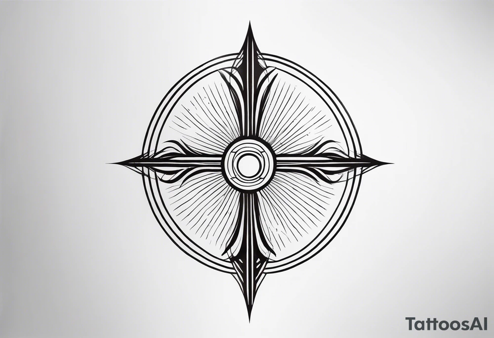 Minimalist Tattoo: A refined cross with a soft halo on top of it, symbolizing light and spirituality. Delicate rays extend outward from the halo, adding a subtle glow and depth. The cross itself is simple and elegant, with potential for small, intricate line details within the design. Style: Minimalist. tattoo idea