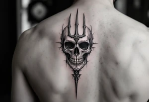 skeleton face behind trident tattoo idea