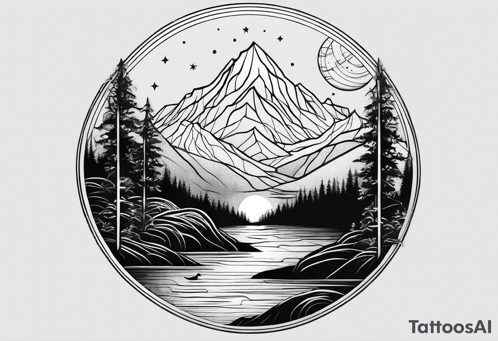 nature with mountains, waterfall, water, and a father and son in the background and and moon/sun in the sky with stars tattoo idea