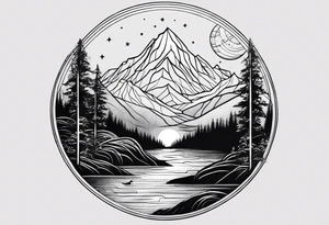 nature with mountains, waterfall, water, and a father and son in the background and and moon/sun in the sky with stars tattoo idea