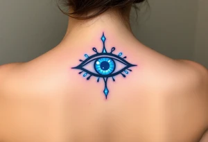 An Erudite eye symbol with glowing blue veins, representing sci fi movie Divergent tattoo idea