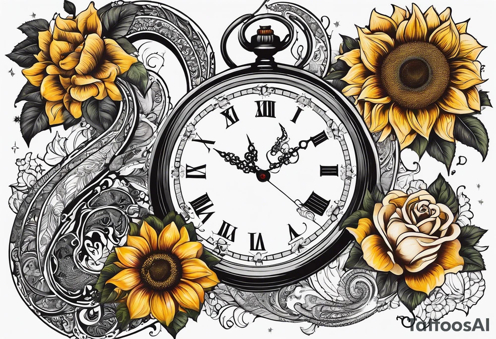 Sunflower, roses, paisley, witch, 3 pocket watches, celestial, tattoo idea