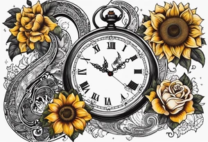 Sunflower, roses, paisley, witch, 3 pocket watches, celestial, tattoo idea