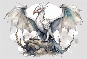 a white bird-wyvern hybrid wearing a plain iron diadem, standing on a stone throne tattoo idea