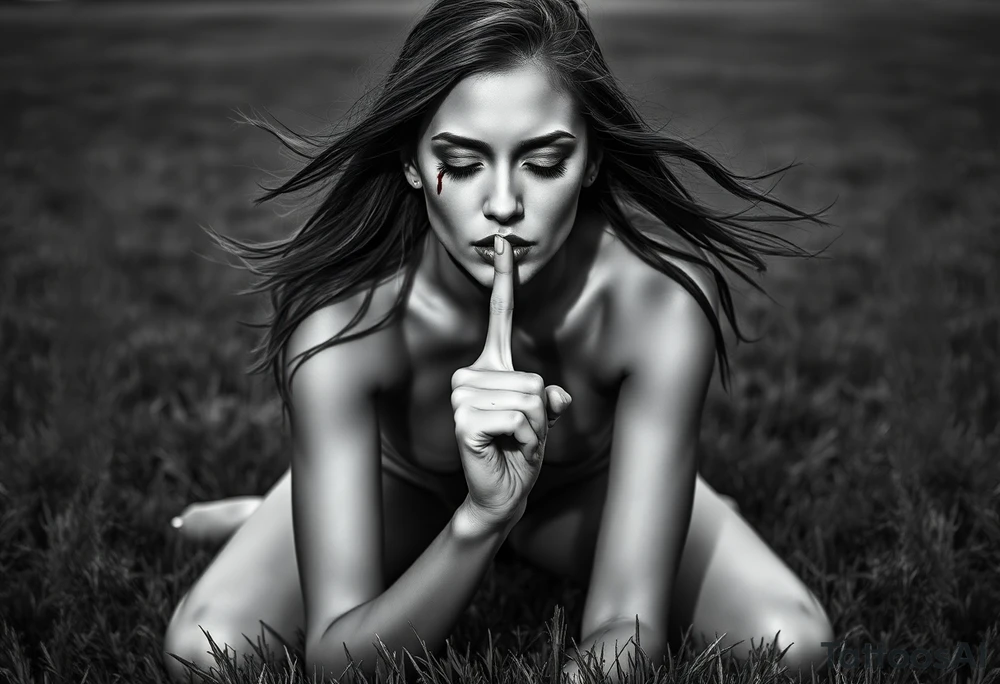Theme: A powerful portrayal of the "See No Evil, Hear No Evil, Speak No Evil" concept, interpreted as a deliberate choice of selective perception and silence. The direct gaze and front-facing pose draw the viewer into her deliberate act of willful ignorance and secrecy.
Placement:  full front / full front thigh piece
Style realism black and grey).
Vibe: Striking,beautiful, and serene.
The Woman:
Pose: Kneeling on the grass, facing fully forward toward the viewer. The depiction will focus on her face, neck, upper chest, and torso.
Hair: Long hair flows forward and out to the sides, caught by the wind. It frames her face and shoulders.
Face - Eyes: Eyes are closed, emphasizing her active choice to close herself off.
Face - Nose/Mouth: A finger is held vertically to her lips in a "shush" or "don't speak" gesture, prominently visible centered on 
  Ears are seen bleeding and blood stains in the side in her left cheek 
Background/ Environment:
 Lush green grass where she is kneeling, at the very bottom of the composition.
Flowers roses and Beautiful  plumeria flowers bloom around her kneeling form,  framing her hips or flowing near the grass line. As the sun is setting 
Butterflies: Different sized butterflies flutter in the space around her chest and hair, adding organic movement.
Essential References & Inspiration
Examples of hair blowing forward in the wind, framing the face and chest.
Specific examples of the "shush" finger-to-lips pose from a front angle.
 pink plumeria and various butterflies. tattoo idea
