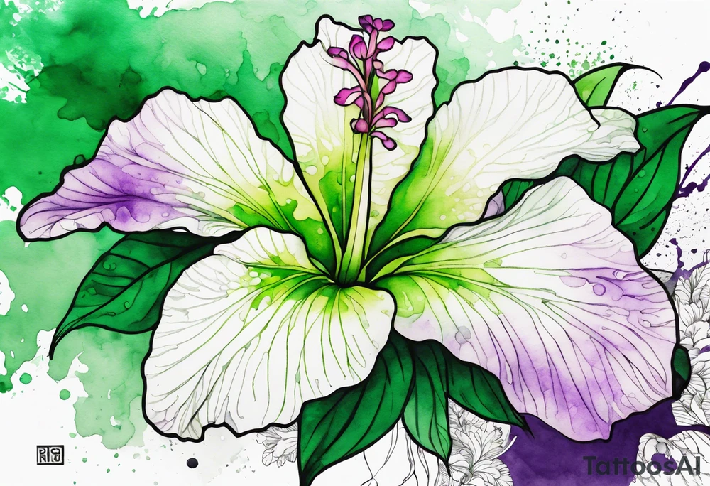 An outline of an only green rio dipladenia flower and a green and purple watercolor splash in the background tattoo idea