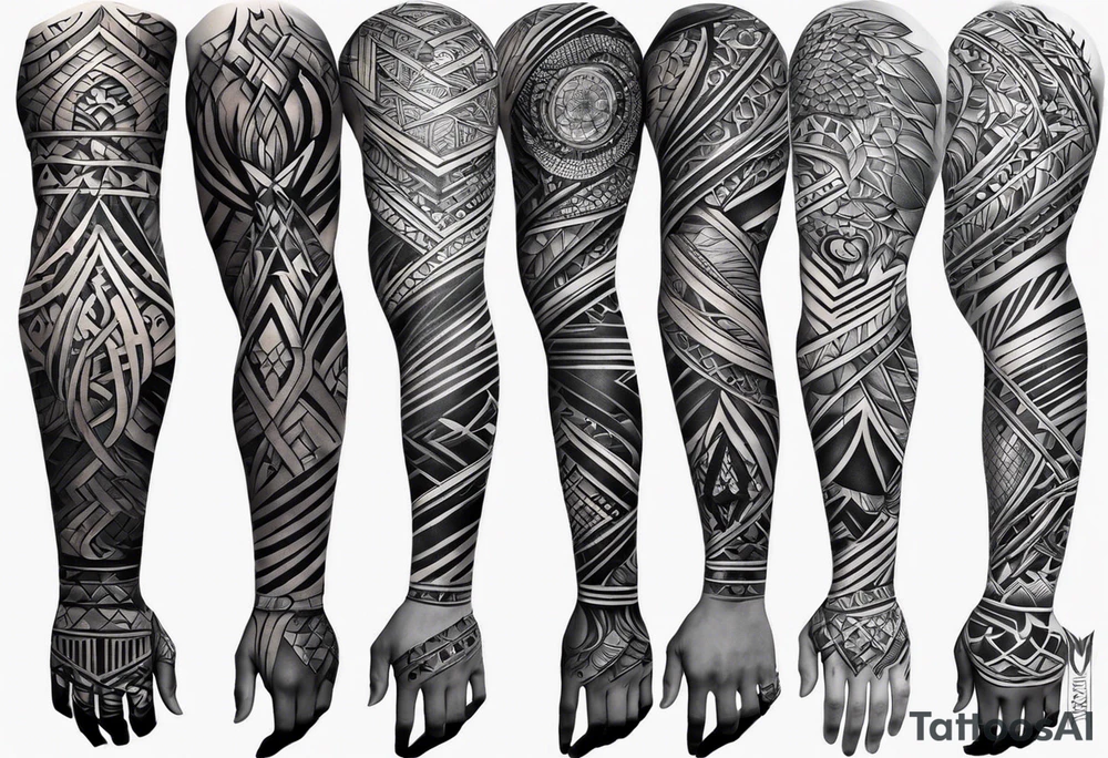 Create a full sleeve tattoo design in abstract blackout style for the right arm. The tattoo should extend from the forearm to the middle phalanges of the fingers. Incorporate a combination of thick and thin lines, alternating areas of solid black ink with sections that are empty or have less ink density. The lines should have fluid, organic shapes, creating a dynamic contrast between the dark parts and the more open areas. Ensure that the design has a natural flow that adapts to the shape of the arm and looks balanced and cohesive throughout the entire tattoo. tattoo idea