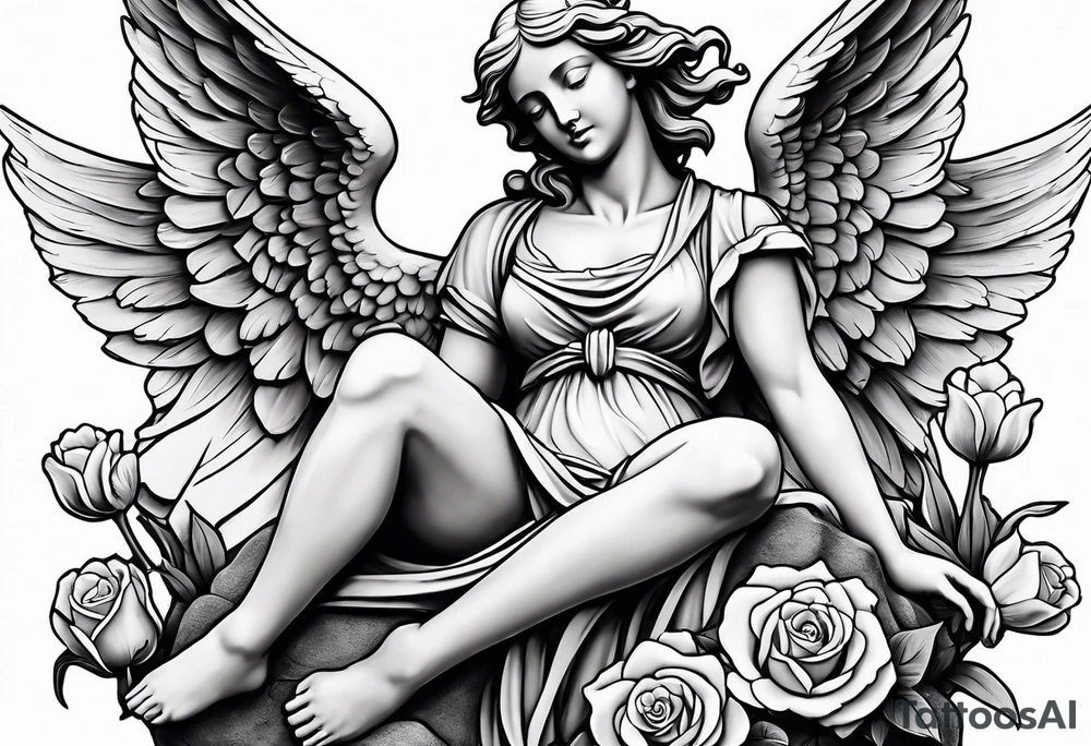 Simple Angel statue stood on a rock with daffodils and roses wrapped around its legs tattoo idea