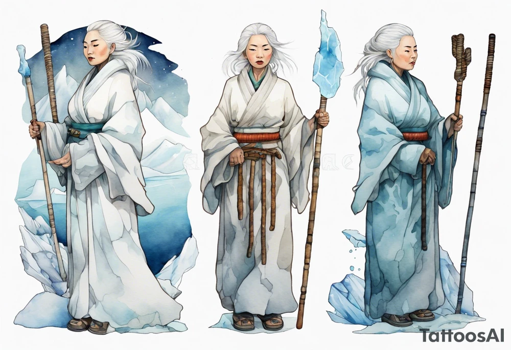 a 40 year old Inuit woman with white hair and a white robe holding a white bo staff, standing on an iceberg tattoo idea