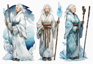 a 40 year old Inuit woman with white hair and a white robe holding a white bo staff, standing on an iceberg tattoo idea