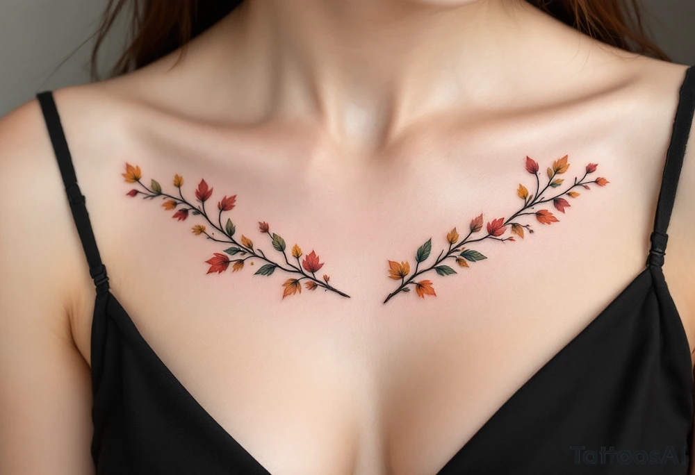 Two separate collarbone tattoos of long, stems and branches covered with red, orange, yellow and dark forest green leaves and flowers, fall themed, muted, delicate and gentle but moody, long and thin, following the collarbone. More muted, not so bright tattoo idea