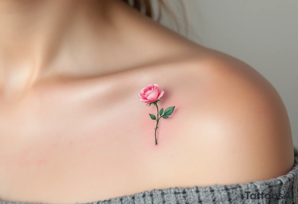 Tiny pink rosebud just starting to bloom, with soft pastel petals and a delicate green stem. tattoo idea