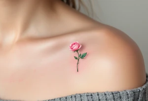 Tiny pink rosebud just starting to bloom, with soft pastel petals and a delicate green stem. tattoo idea