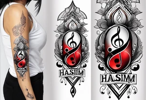 arm tattoo that say HASIM with a tattoo pen picture and a music note tattoo idea