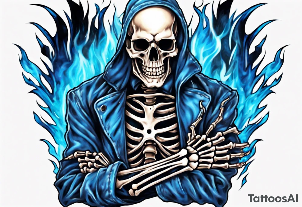 A skeleton welding with blue fire behind tattoo idea