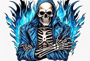 A skeleton welding with blue fire behind tattoo idea