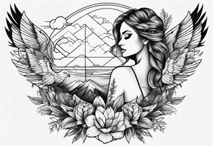 Artistic shoulder tattoo with nature and adrenaline activities tattoo idea