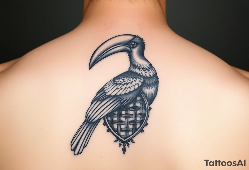 picture of a Kalimantan hornbill with a picture of a woven shield mat tattoo idea